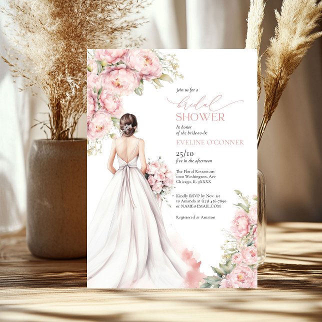 Convite Peões Românticos Esmagam Vestido Rosa (Romantic Peonies Blush Pink Bride Dress Invitation)