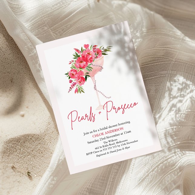 Convite Peões Vermelhos Modernos Pérola Chá de panela Pros (Red Floral Pearls and Prosecco Bridal Shower Invitation, Modern Pearls Prosecco Bridal Shower Invite)