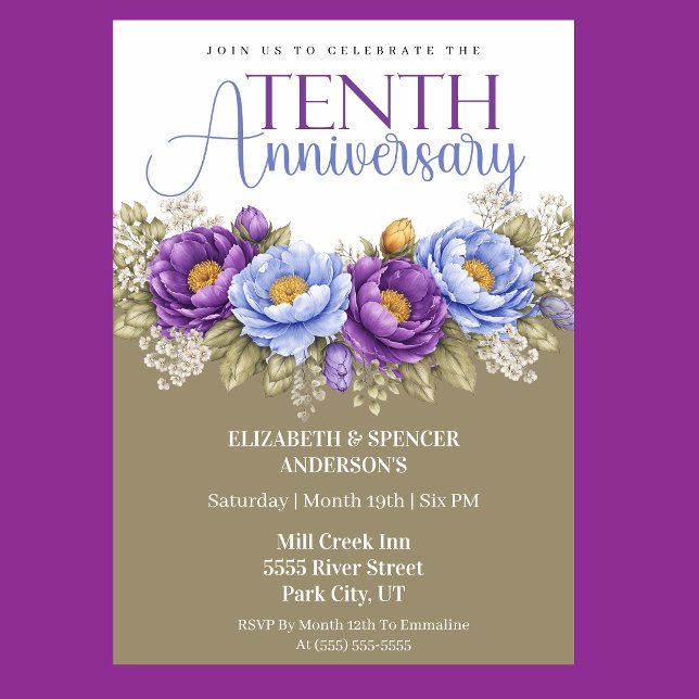 Convite Peônia Azul e Roxa 10º Aniversário de Casamento (Elegant blue and purple peony floral 10th wedding anniversary invitation)