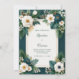 Convite Peônia Azul Esmeralda Tropical Borda Casamento