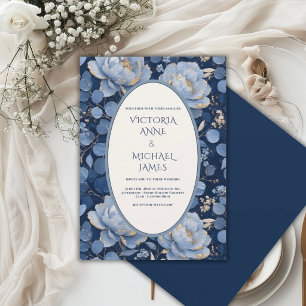 Convite Peônia Azul Floral Vintage Casamento Dourado