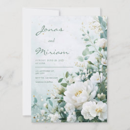 Convite Peônia Branca Verde Dourado Aquarela Casamento