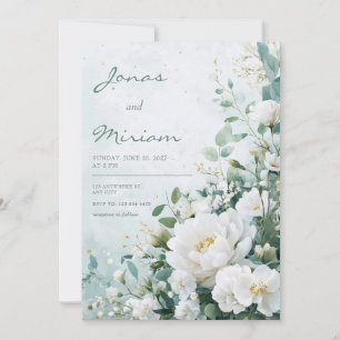Convite Peônia Branca Verde Dourado Aquarela Casamento