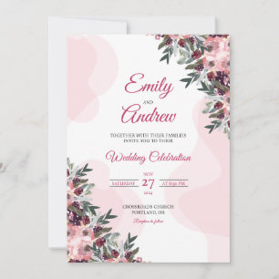 Convite Peônia Corada Ameixa Floral Elegante Noivado Aquar