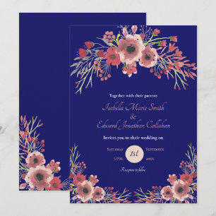 Convite Peônia Coral Floral Azul Marinho Casamento Moderno