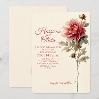 Convite Peônia Coral Minimalista Elegante Floral Casamento