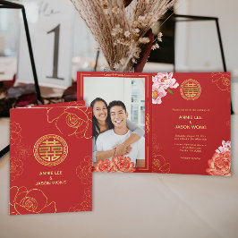 Convite Peônia Dourada Dupla Felicidade Casamento Chinês