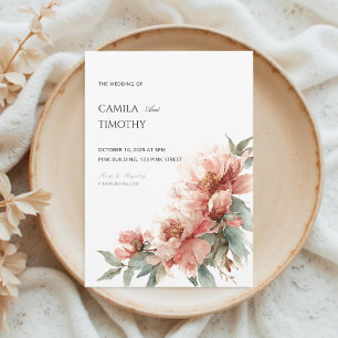 Convite Peônia Floral Coral Rosa Bege Água Casamento