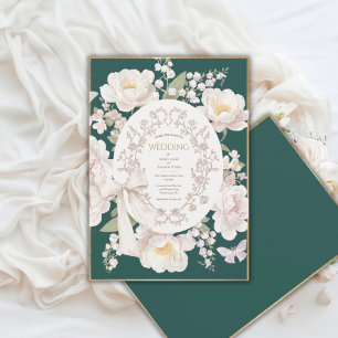 Convite Peônia Floral Vintage Elegante Caça Verde Casament