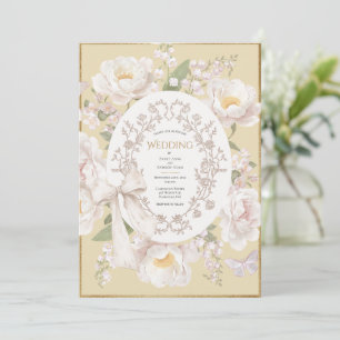 Convite Peônia Floral Vintage Elegante Casamento Amarelo