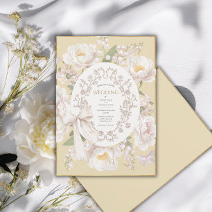 Convite Peônia Floral Vintage Elegante Casamento Amarelo