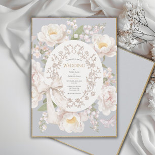 Convite Peônia Floral Vintage Elegante Casamento Cinza