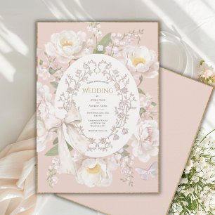 Convite Peônia Floral Vintage Elegante Casamento Pêssego