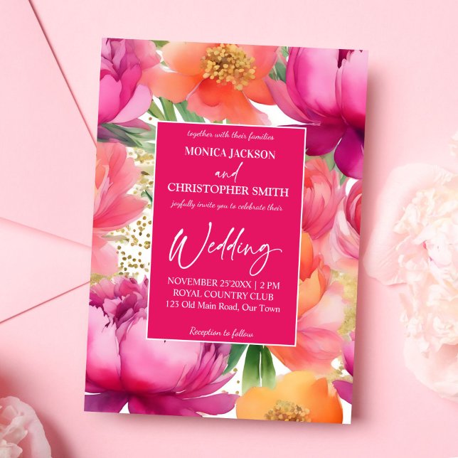 Convite Peônia laranja rosa ousada elegante casamento tudo (Bold pink orange peony elegant all in one wedding editable template invitation digital download)