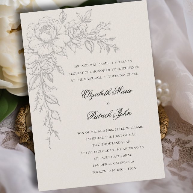 Convite Peônia Radiante Ecru Elegante Formal Clássico Casa (peony wedding invitation formal traditional modern classic art sketch parents host ecru)