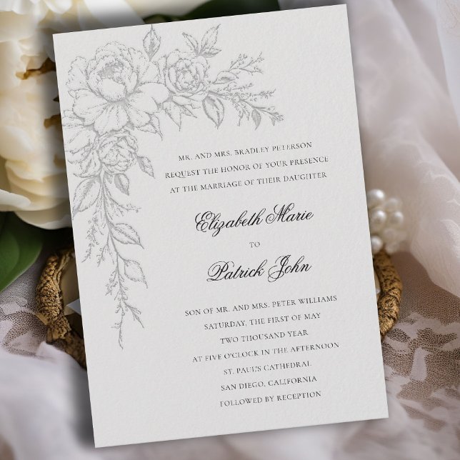 Convite Peônia Radiante Marfim Elegante Formal Clássico Ca (peony wedding invitation formal traditional modern classic art sketch black white parents host ivory)