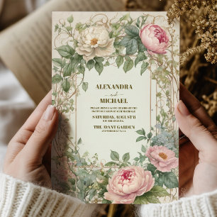 Convite Peônia Rosa Arte Romântica Art Nouveau Casamento