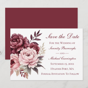 Convite Peônia Rosa Borgonha Floral Salve a Data Casamento