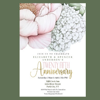 Convite Peônia Rosa Corada 25º Aniversário de Casamento