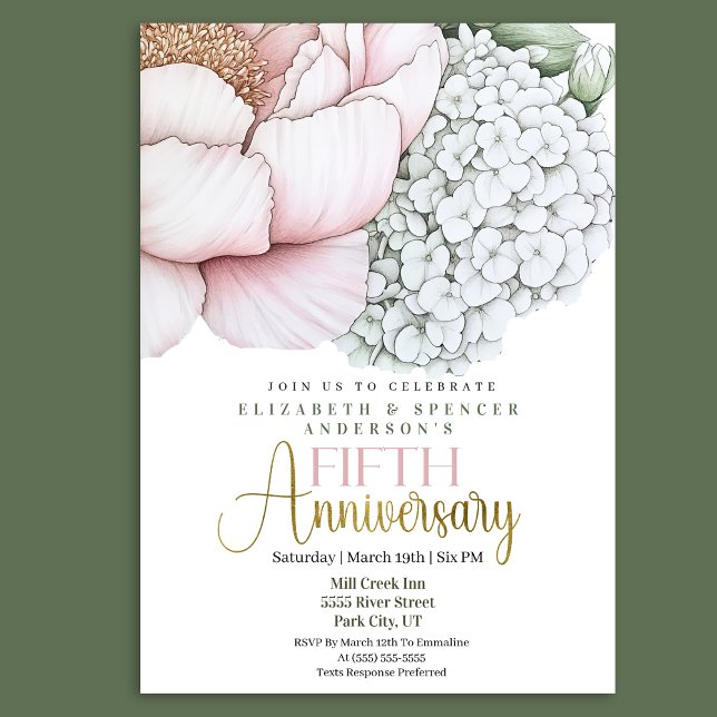 Convite Peônia Rosa Corada 5º Aniversário de Casamento (Criador carregado)
