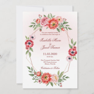 Convite Peônia Rosa e Anêmona Floral Geométrico Casamento
