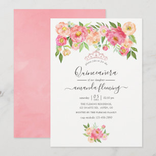 Convite Peônias aguadas Rosa Pastel para Quinceañera