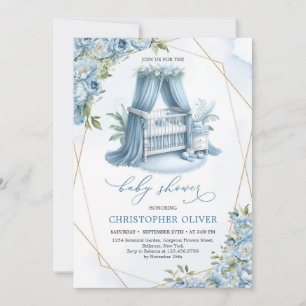 Convite Pêonias azuis bebê berço dourado rapaz