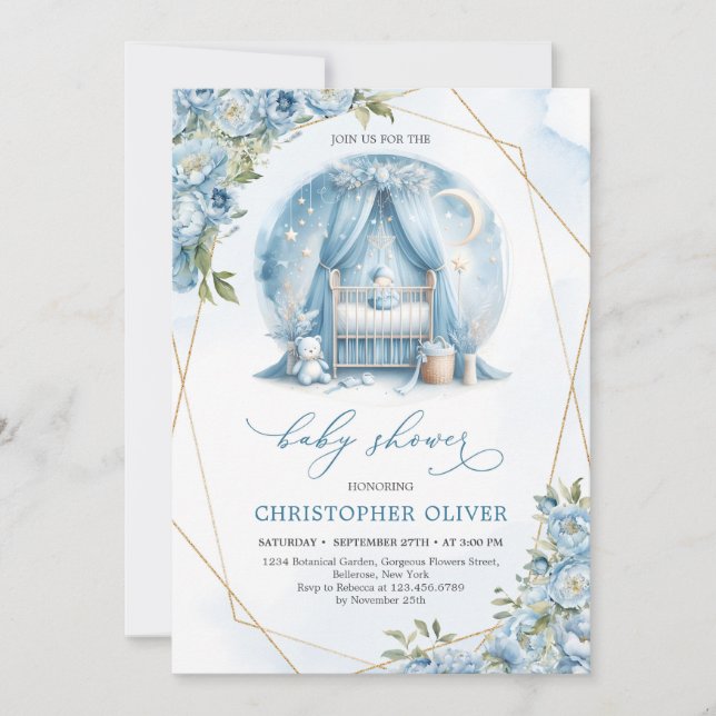 Convite Pêonias azuis bebê berço dourado rapaz (Frente)