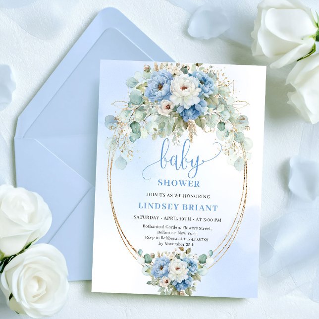 Convite Peônias Azuis Sofisticadas Eucalipto Dourado Bebê  (Sophisticated Blue Peonies Eucalyptus Gold Baby Shower)