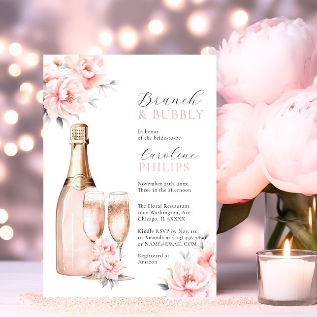 Convite Peonias Blush Rosa Brunch e CHÁ DE PANELA Borracha (Peonies Blush Pink Brunch & Bubbly BRIDAL SHOWER Invitation)