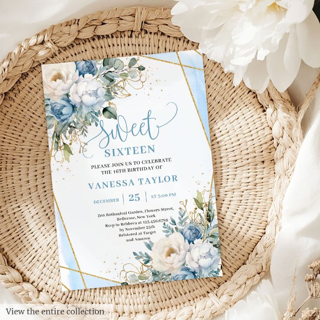 Convite Pêonias brancas azuis sofisticadas Doce 16 (Sophisticated Dusty Blue White Peonies Sweet 16 Invitation)
