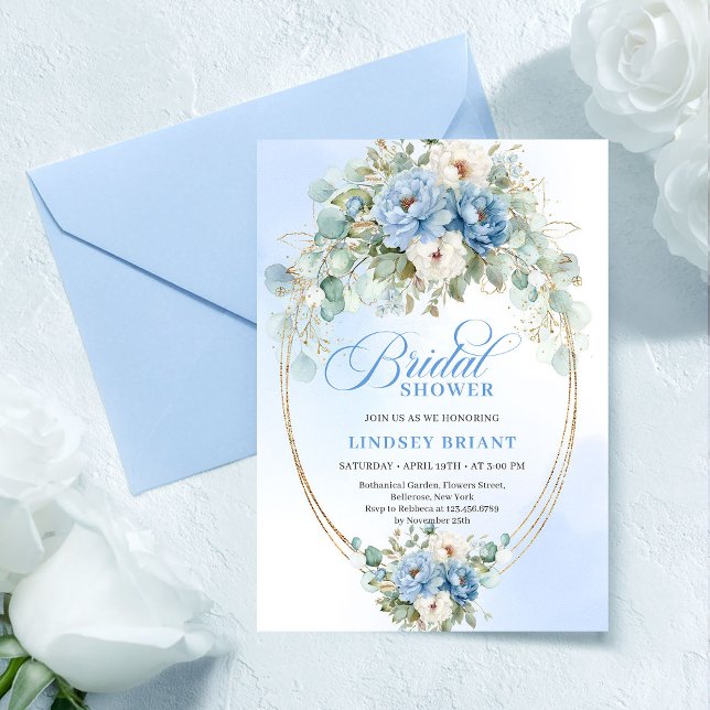 Convite Peônias Clássicas em Azul Claro e Eucalipto para C (Classic Light Blue Peonies Eucalyptus Bridal Shower

)