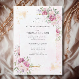Convite Peônias com moldura de ouro casamento