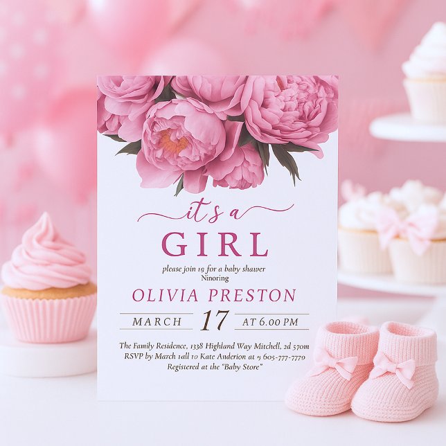 Convite Pêonias cor-de-água Chá de fraldas É uma garota (Pink Peonies Watercolor Baby Shower It's A Girl Invitation)