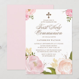 Convite Peônias cor-de-água rosa Primeira Comunhão Sagr