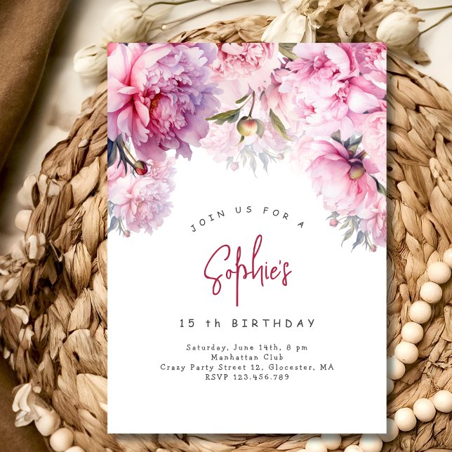 Convite Pêonias cor-de-rosa festa de aniversário (Criador carregado)