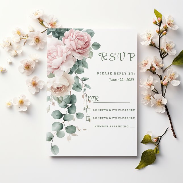 Convite Pêonias cor-de-rosa folha de eucalipto RSVP (Pink garland peonies eucalyptus leaf RSVP)