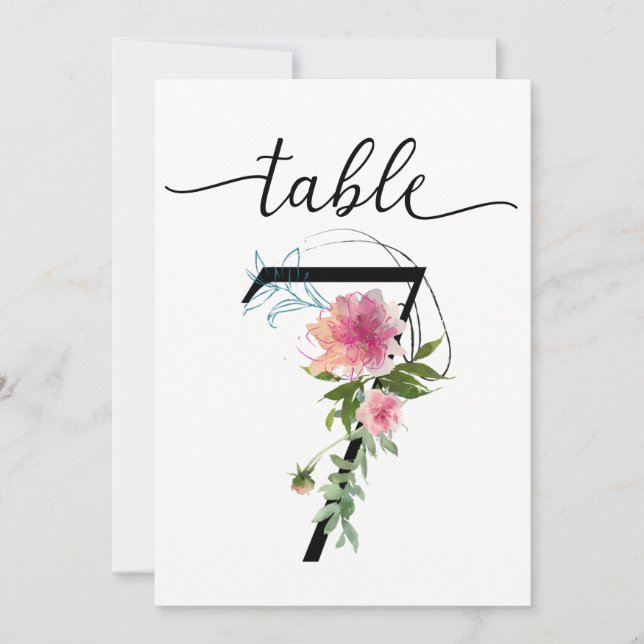 Convite Peônias cor-de-rosa Mesa 7 Número da Tabela (Frente)