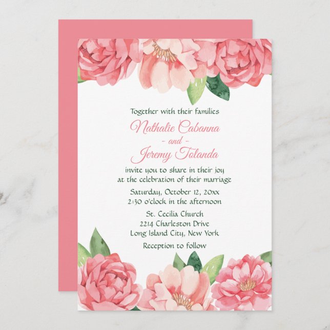 Convite Peônias cor-de-rosa, Rosas, Flores para casamentos (Frente/Verso)