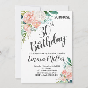 Convite Peônias Cor-de-Rosa, Verde e Menta 30º Aniversário