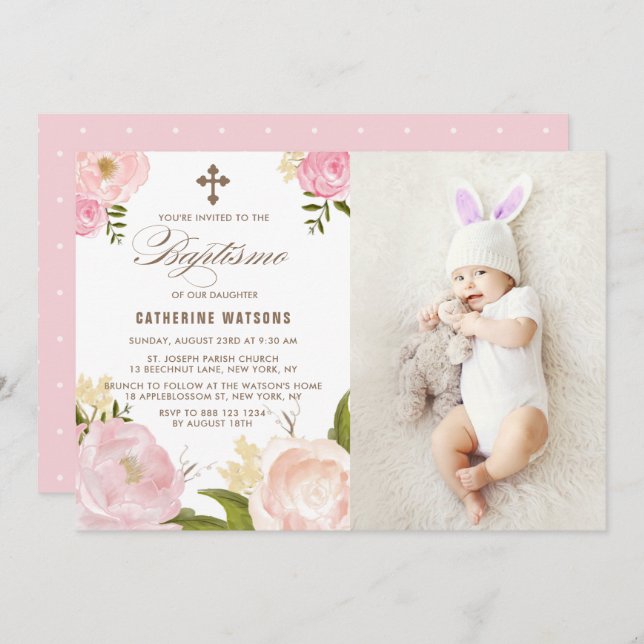 Convite Pêonias de Aquarela Rosa Foto Bátomo (Frente/Verso)