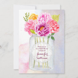 Convite Peonias de Aquarela Rosas Rustic Mason Jar Wedding