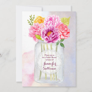 Convite Peonias de Aquarela Rosas Rustic Mason Jar Wedding