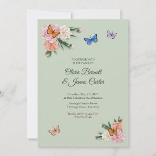 Convite Peônias e Borboletas Sage Verde Casamento
