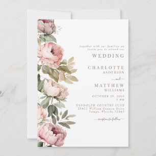 Convite Peônias em Aquarela Rosa Elegante Casamento Texto 