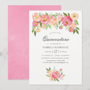 Convite Peônias em Aquarela Rosa Pastel para Quinceañera