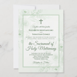 Convite Peônias em Aquarela Verde Salvia Casamento Católic