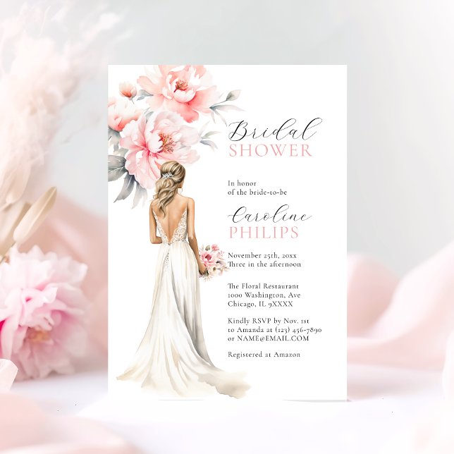 Convite Peônias esfregam CHÁ DE PANELA de vestidos cor-de- (Peonies Blush Pink Bride Dress BRIDAL SHOWER Invitation)