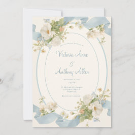 Convite Peônias Florais Azuis Casamento Romântico Elegante