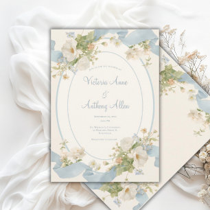 Convite Peônias Florais Azuis Casamento Romântico Elegante